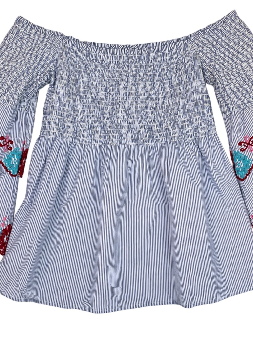 Stitch Fix q&a Off-Shoulder Blue and White Striped Top with Embroidered Sleeves